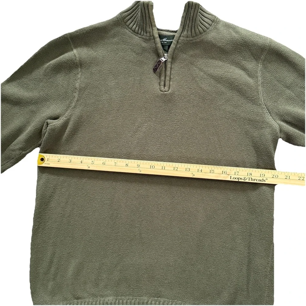Eddie Bauer Mens M Green Quarter Zip Cotton Knit Sweater Pullover Preppy Outdoor